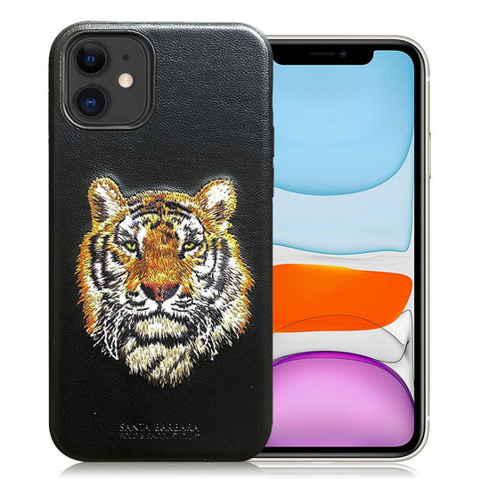 Santa Barbara Savana Series Tiger Emboidery Genuine Leather Case For iPhone 13 - planetcartonline