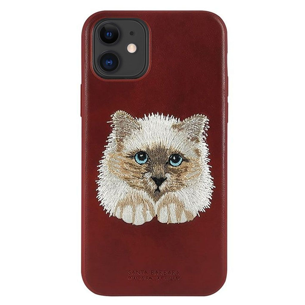Santa Barbara Savana Series Cat Emboidery Genuine Leather Case For iPhone 13 - planetcartonline