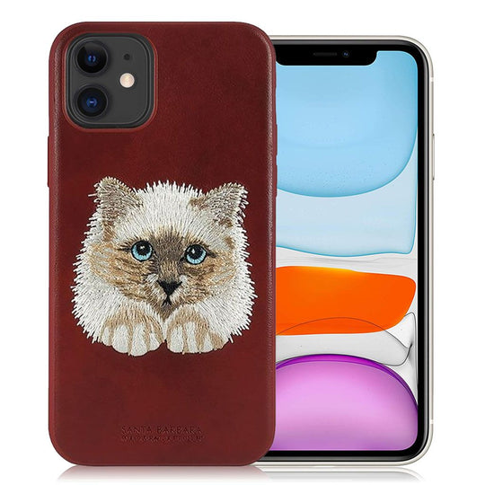 Santa Barbara Savana Series Cat Emboidery Genuine Leather Case For iPhone 13 - planetcartonline