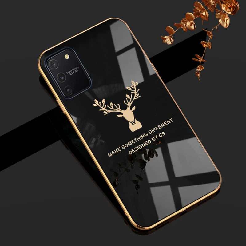 Luxury Golden Edges Deer Glass Back Case For Samsung Series - Premium Cases