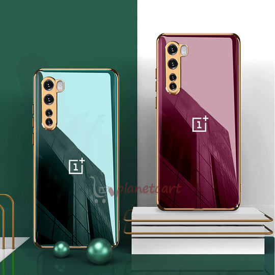 Luxury Glossy Gold Edge Glass Back Case For Oneplus Nord
