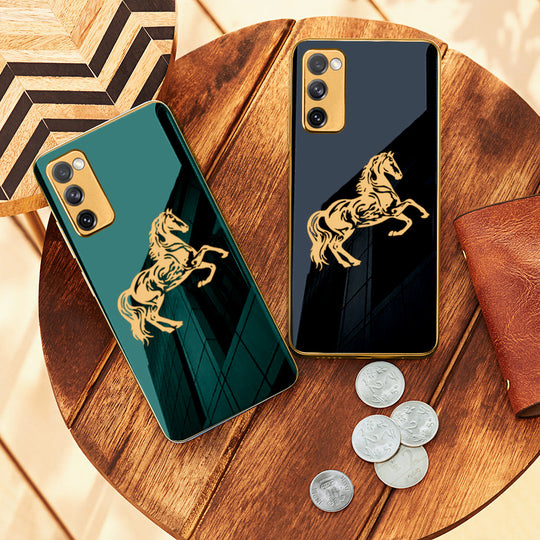 Luxury Horse Pattern Glass Back Case With Golden Edges For Samsung S20FE 5G