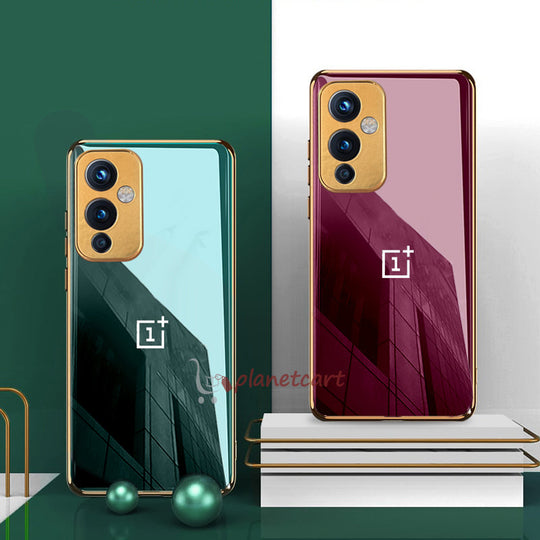 Luxury Glossy Gold Edge Glass Back Case For Oneplus 9