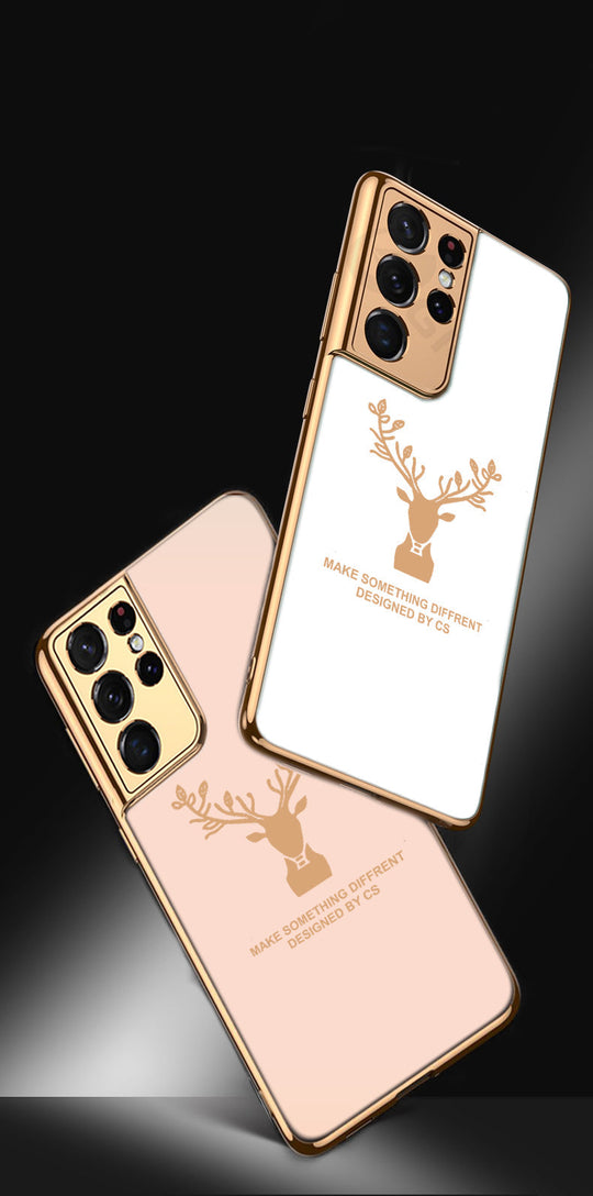 Luxury Golden Edges Deer Glass Back Case For Samsung Galaxy S21 Ultra - Premium Cases