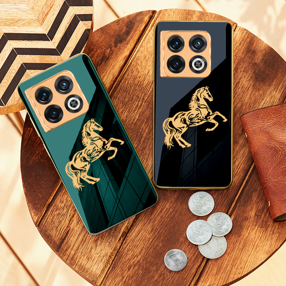 Luxury Horse Pattern Glass Back Case With Golden Edges For Oneplus 10 Pro