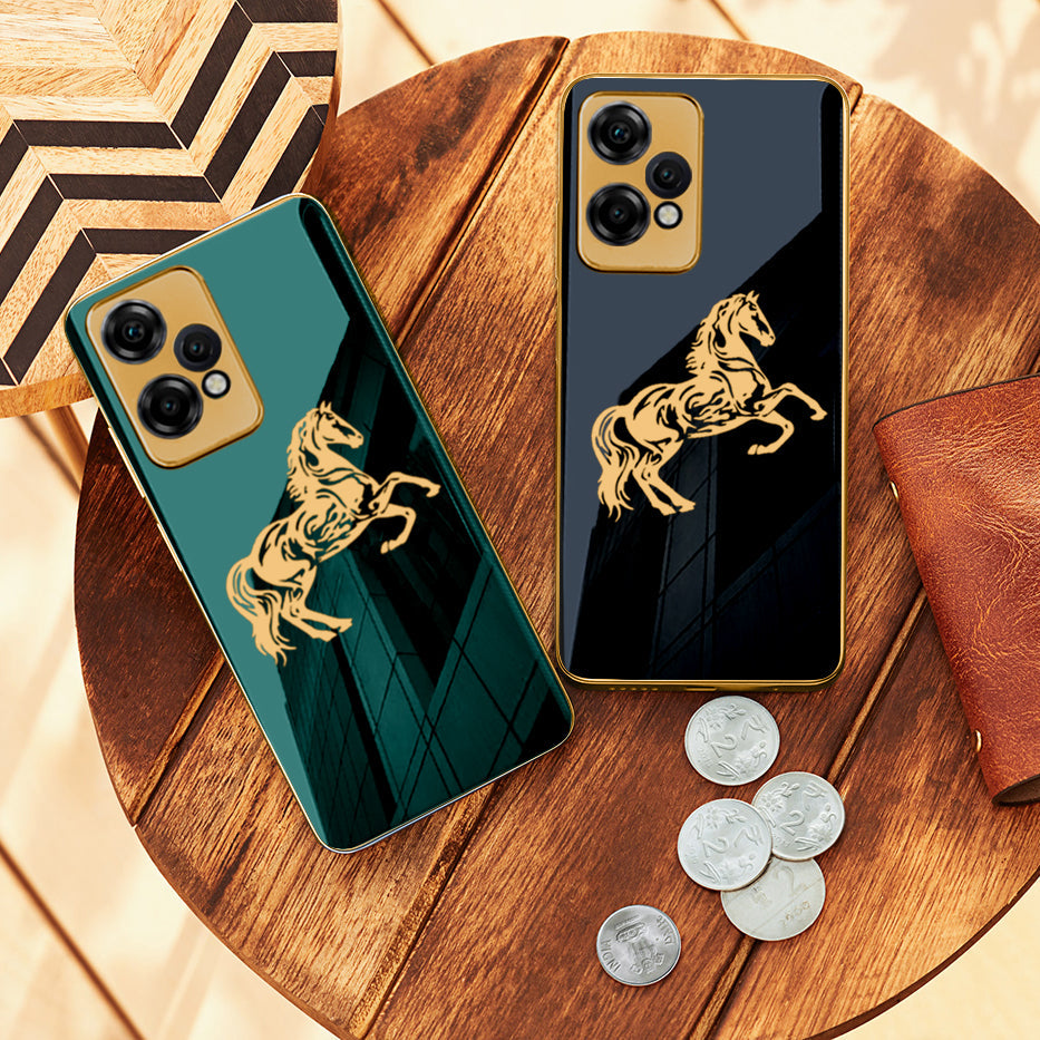 Luxury Horse Pattern Glass Back Case With Golden Edges For Oneplus