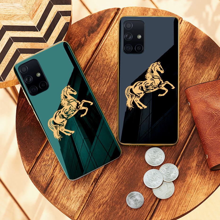 Luxury Horse Pattern Glass Back Case With Golden Edges For Samsung A71