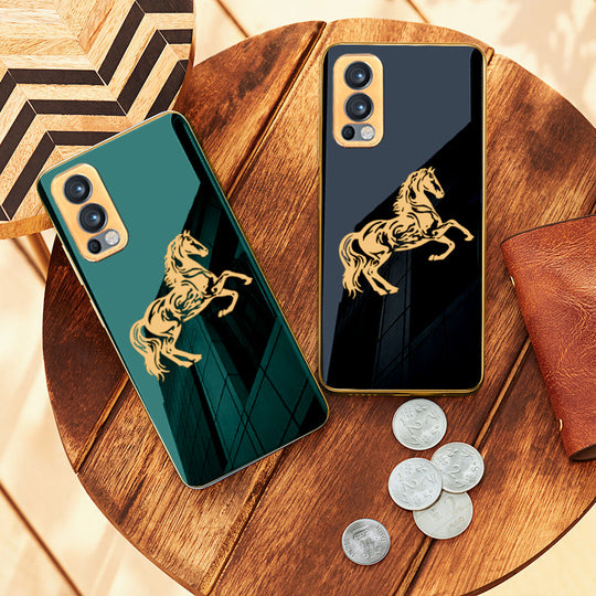 Luxury Horse Pattern Glass Back Case With Golden Edges For Oneplus Nord 2