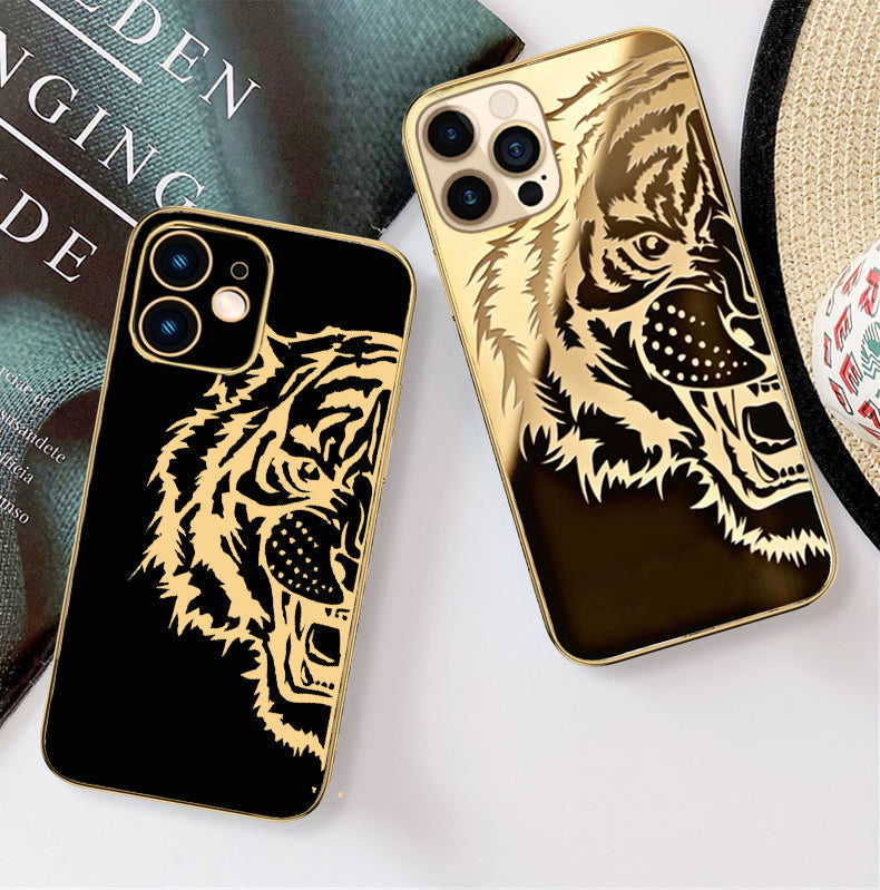Luxurious Tiger Glass Back Case With Golden Edges For iPhone 12