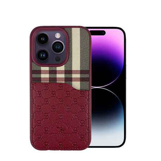 Santa Barbara Classic Plaid Series Genuine Leather Red Case For iPhone 14 Pro