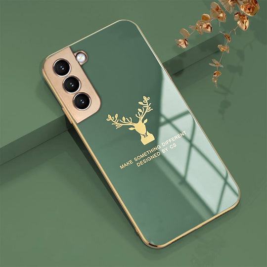 Luxury Silicon Deer Glass Case With Golden Edges For Samsung Galaxy S21 Plus