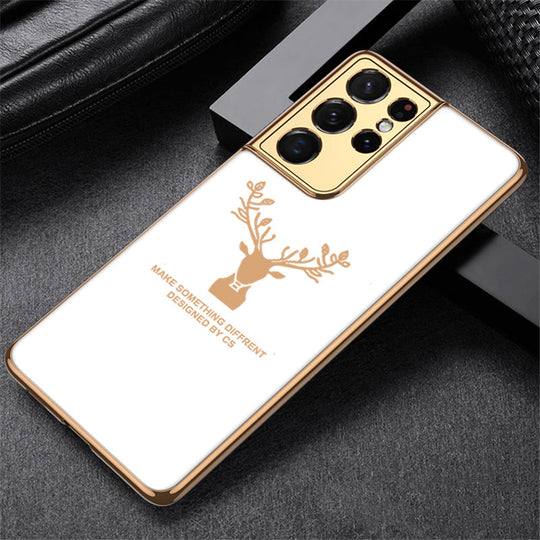 Luxury Golden Edges Deer Glass Back Case For Samsung Galaxy S21 Ultra - Premium Cases