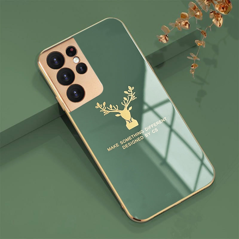 Luxury Silicon Deer Glass Case With Golden Edges For Samsung Galaxy S21 Ultra