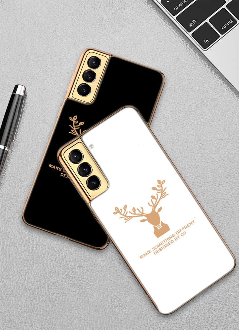 Luxury Golden Edges Deer Glass Back Case For Samsung Galaxy S21 - Premium Cases