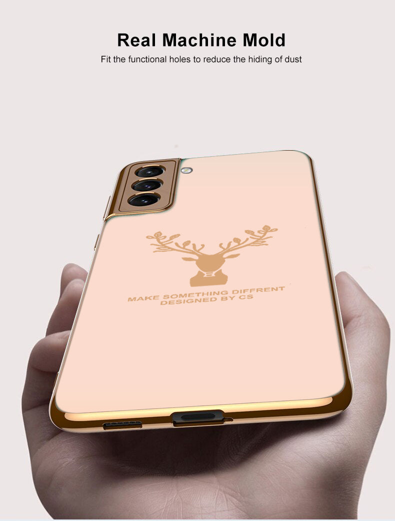 Luxury Golden Edges Deer Glass Back Case For Samsung Galaxy S21 - Premium Cases