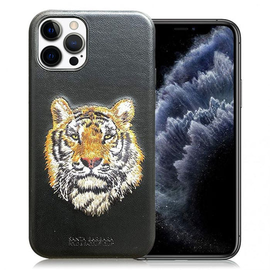 Santa Barbara Savana Series Tiger Emboidery Genuine Leather Case For iPhone 13 Pro - planetcartonline