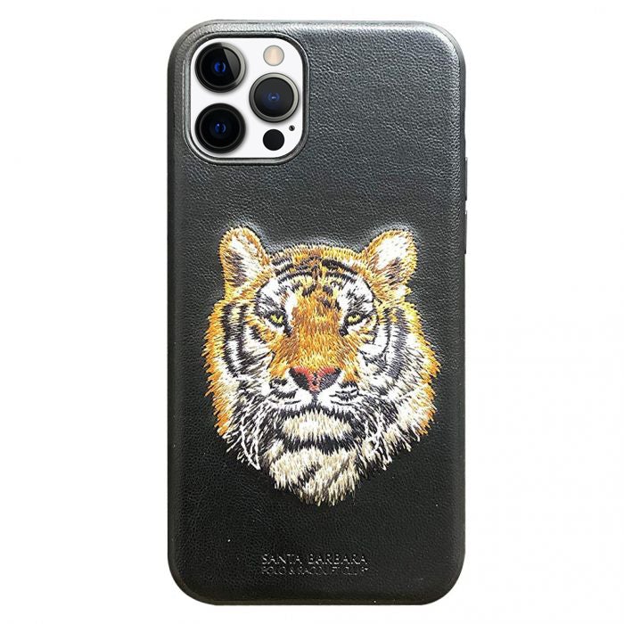 Santa Barbara Savana Series Tiger Emboidery Genuine Leather Case For iPhone 13 Pro Max - planetcartonline