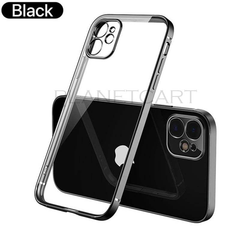 Luxury Square Silicon Clear Case With Glass Camera Lens Protection For iPhone 12