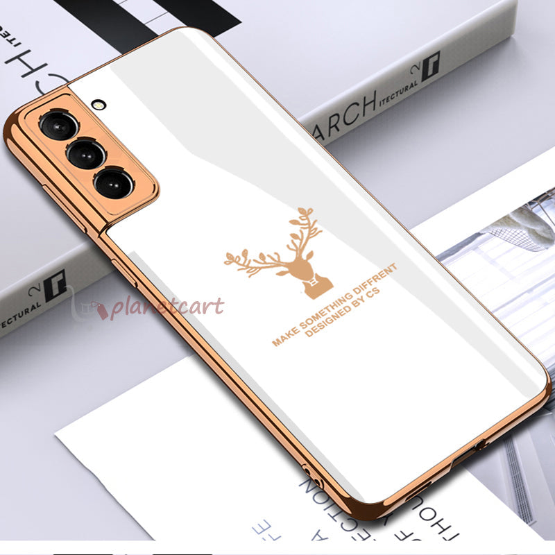 Luxury Golden Edges Deer Pattern Glass Back Case For Samsung Galaxy S21 - Premium Cases