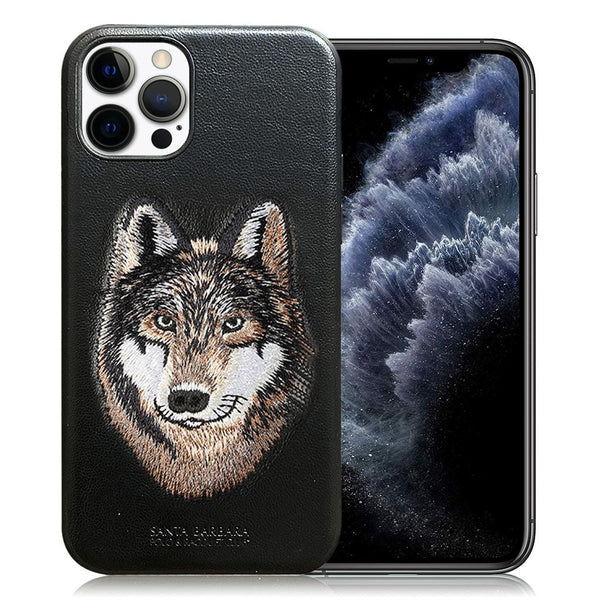 Santa Barbara Savana Series Wolf Emboidery Genuine Leather Case For iPhone 13 Pro