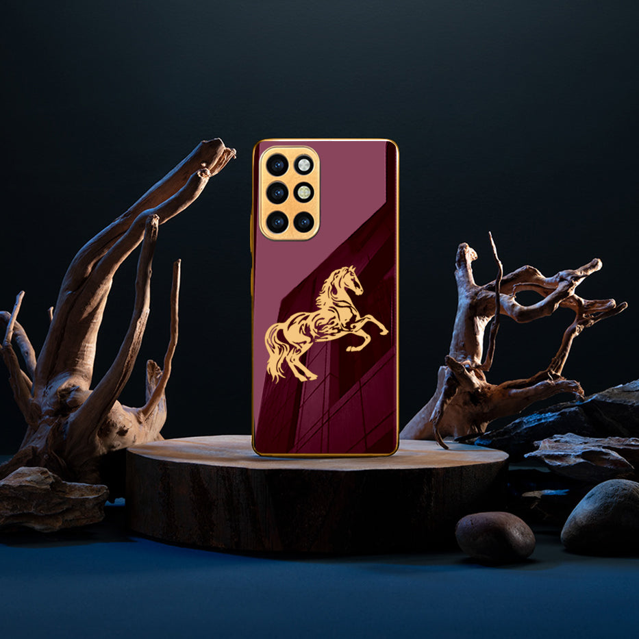 Luxury Horse Pattern Glass Back Case With Golden Edges For Oneplus 9R