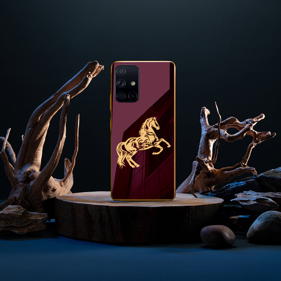 Luxury Horse Pattern Glass Back Case With Golden Edges For Samsung